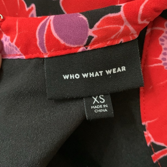 WHO WHAT WEAR purple red black floral ruffle hem dress SZ XS covered buttons - Picture 11 of 14